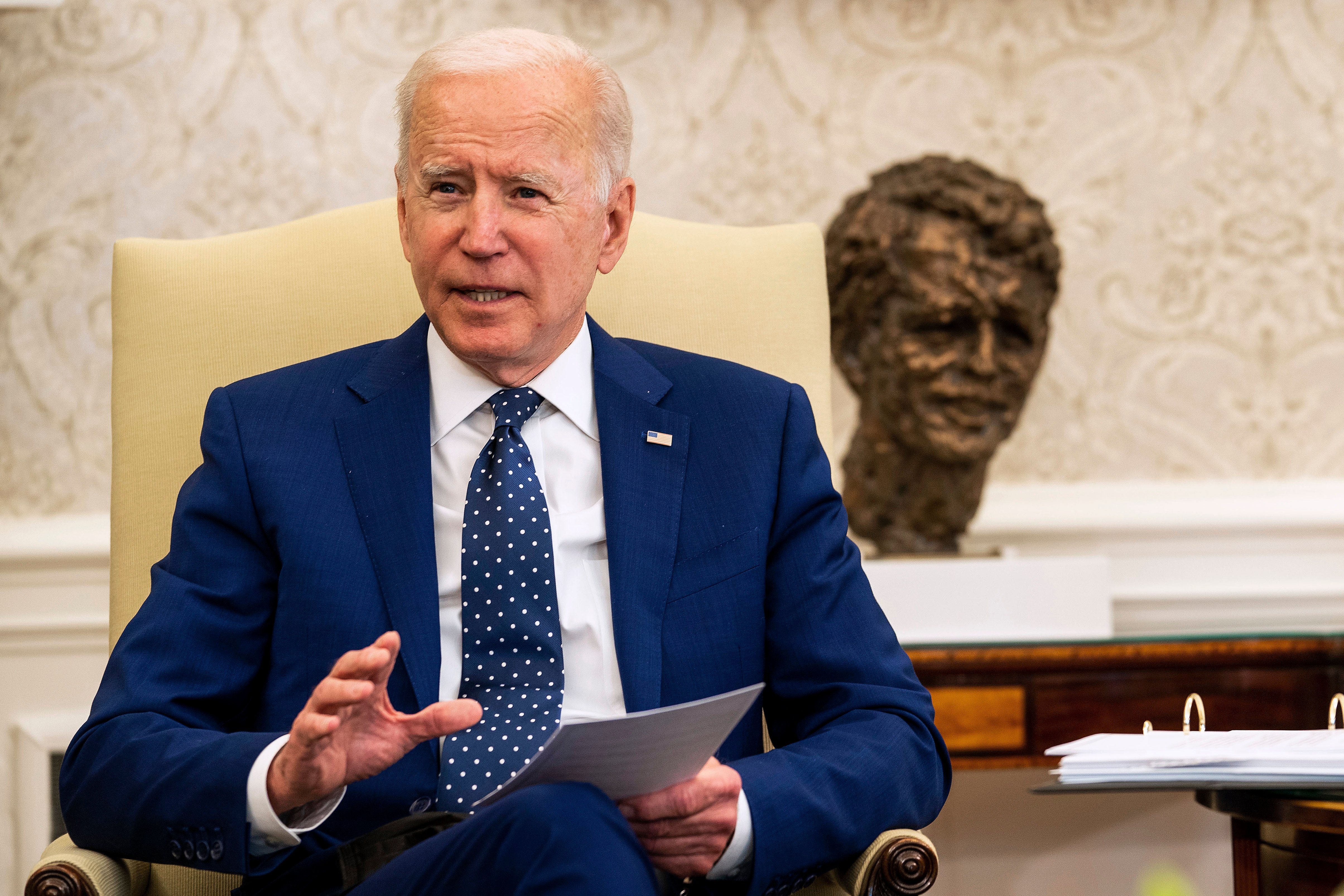 President Joe Biden meets in the Oval Office. (Photo by Doug Mills-Pool/Getty Images)