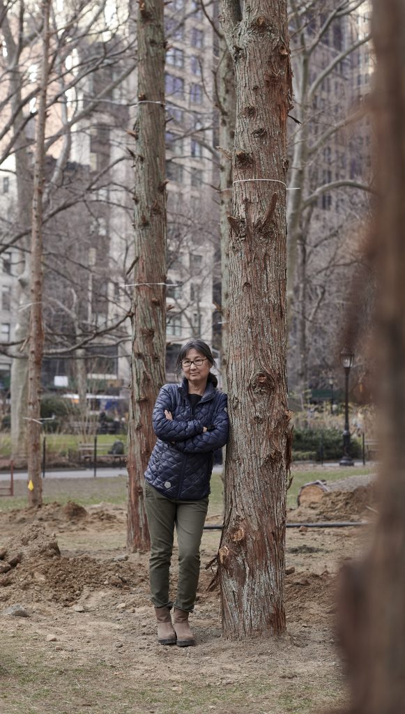 Maya Lin with Ghost Forest (2021). Photo by Andy Romer, courtesy of the artist and Madison Square Park Conservancy.