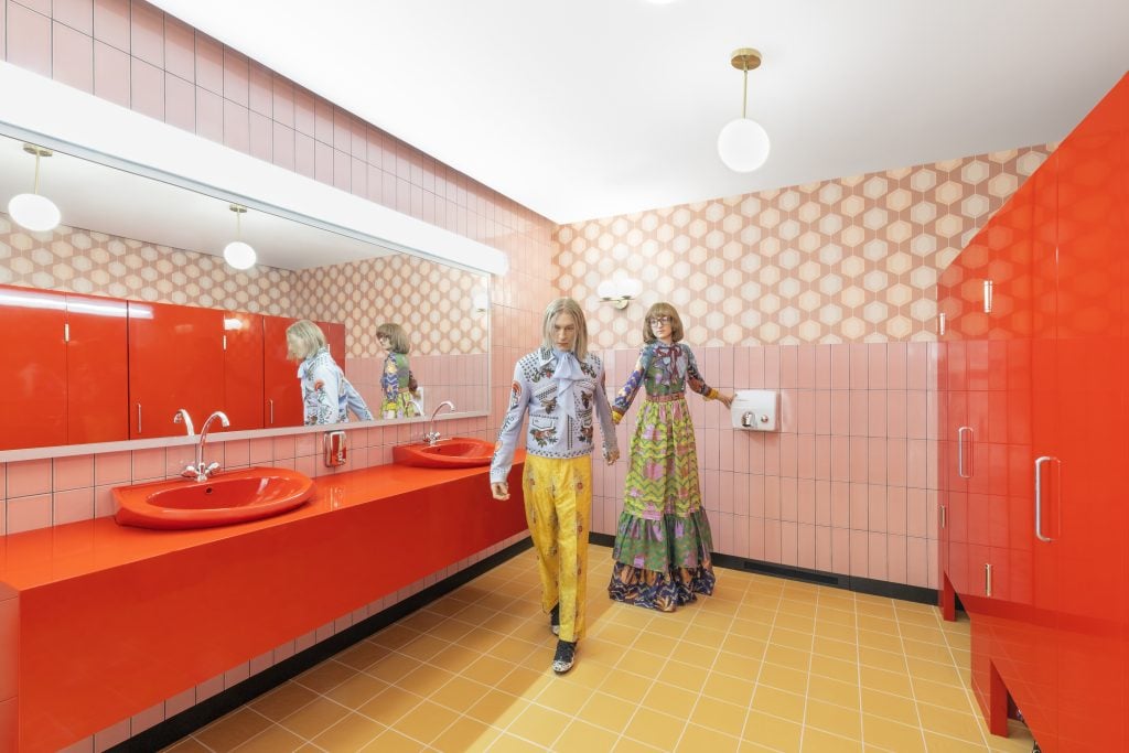 Inside the bathroom inspired by the Berlin nightclub that inspired Gucci's spring/summer 2016 collection. Photo courtesy Gucci.