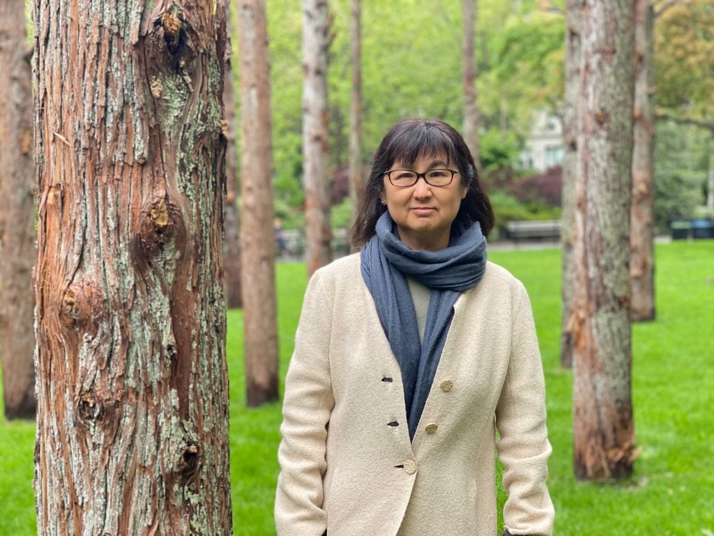 Maya Lin with Ghost Forest (2021) at Madison Square Park, New York. Photo by Sarah Cascone.