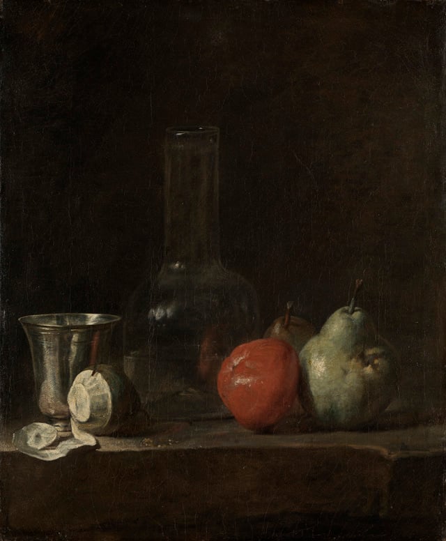 Jean-Baptiste-Siméon Chardin, <i>Still Life with Glass Flask and Fruit (ca. 1728)</i> . Courtesy of Staatliche Kunsthalle. 