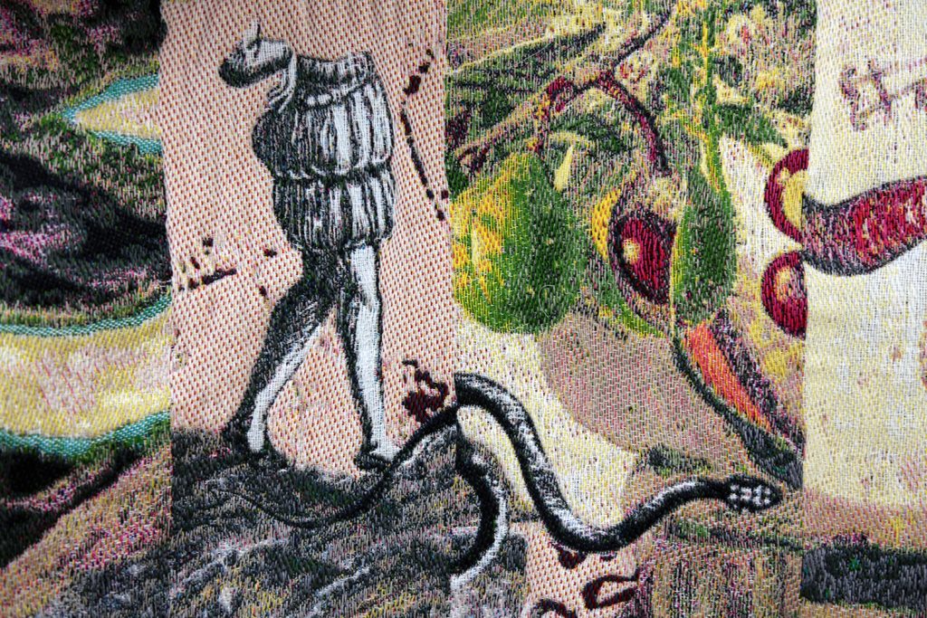 Mercedes Azpilicueta, <i>The Lieutenant-Nun is Passing: An Autobiography of Katalina, Antonio, Alonso and More</i> (2021). Detail of Jacquard tapestry. Courtesy of the artist. Photo: Joel Furness.