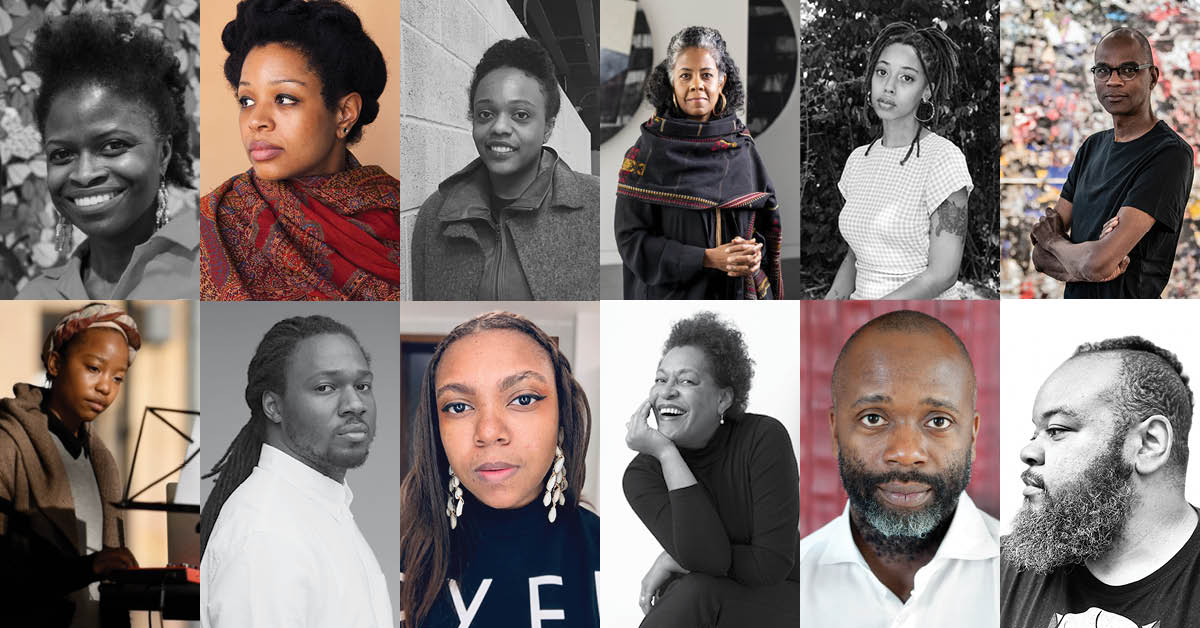 [Clockwise from top left] Zoë Charlton (photo: E. Brady Robinson Photography), Allison Janea Hamilton (photo: Frankie Alduino), Leslie Hewitt (photo: Richard Renaldi), Torkwase Dyson (photo: Gabe Souza), Akea Brionne Brown (photo: Akea Brionne Brown), Mark Bradford (photo: Sim Canetty-Clarke), Robert Pruitt (photo:  Autumn Knight), Theaster Gates (photo: Sara Pooley), Carrie Mae Weems (photo: Audoin Desforges), Jamea Richmond-Edwards (photo: Jamea Richmond-Edwards), Larry W. Cook (photo: Nakeya Brown), Steffani Jemison (photo: Nottingham Contemporary).