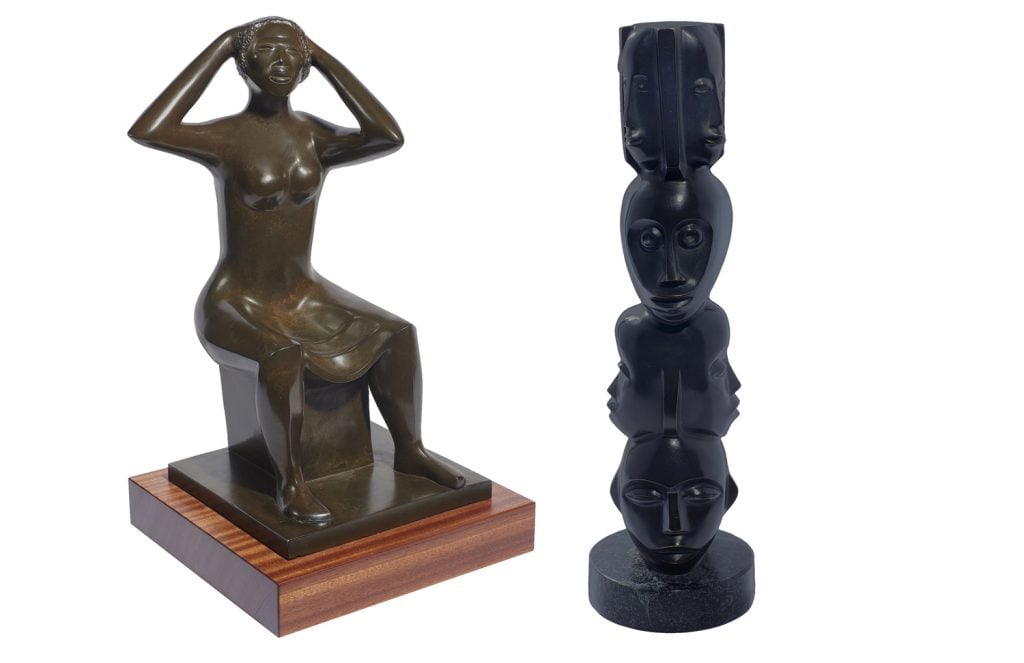 Elizabeth Catlett’s Woman Fixing Her Hair (left) is estimated at $40,000–60,000 and Untitled (Faces) (right) is estimated at $30,000–50,000. 