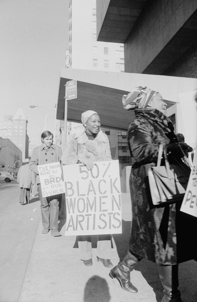 Jan van Raay American, Faith Ringgold and Michele Wallace at Black Emergency Cultural Coalition (BECC) protest at the Whitney Museum, New York, January 31, 1971. Photo courtesy of Jan van Raay, Portland, Oregon.