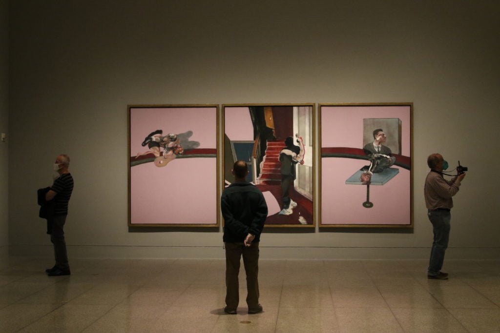 Visitors to the "Francis Bacon: Late Paintings" galleries at the Museum of Fine Arts, Houston on Saturday, May 23, the first day it reopened to the public. Image courtesy of the MFA Houston.