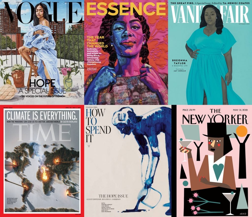 Clockwise from top left: Vogue, September 2020; Essence, May/June 2021; Vanity Fair, September 2020; The New Yorker, May 31, 2021; Financial Times, May 2021; TIME, April 26/May 3, 2021.