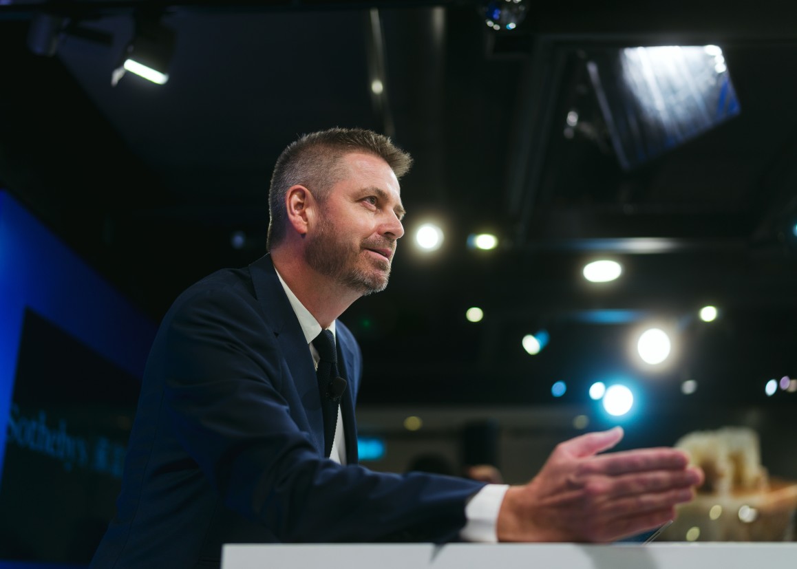 Auctioneer Ian McGinlay holding court at the marquee evening sales in Hong Kong. Photo: Egill Bjarki.