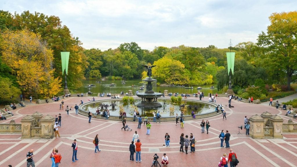 Bethesda Fountain, the focal point of Central Park's Bethesda Terrace, features the only sculpture that was part of the original design for the park. <em>Angel of the Waters</em> was designed by Emma Stebbins in 1868 and dedicated in 1873. She was the first woman artist commissioned by the city of New York for a major public project. Photo courtesy of Central Park. 
