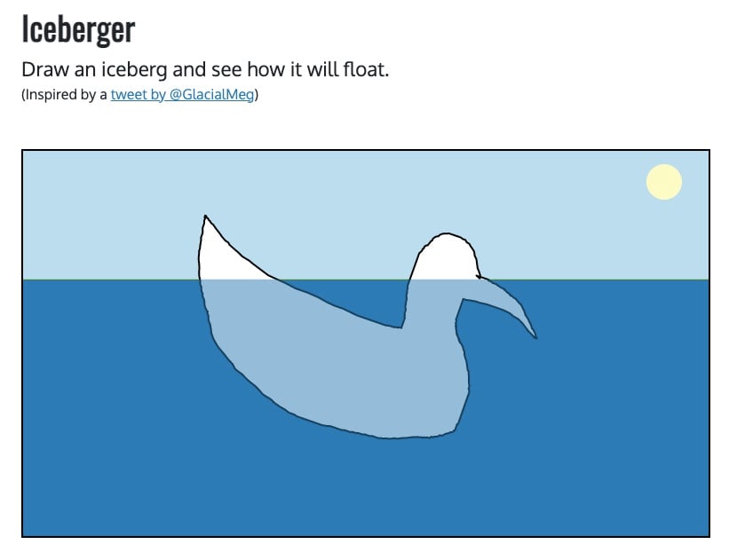 Screenshot of Joshua Tauberer's Iceberger website, illustrating how a hypothetical shape would manifest as an iceberg.
