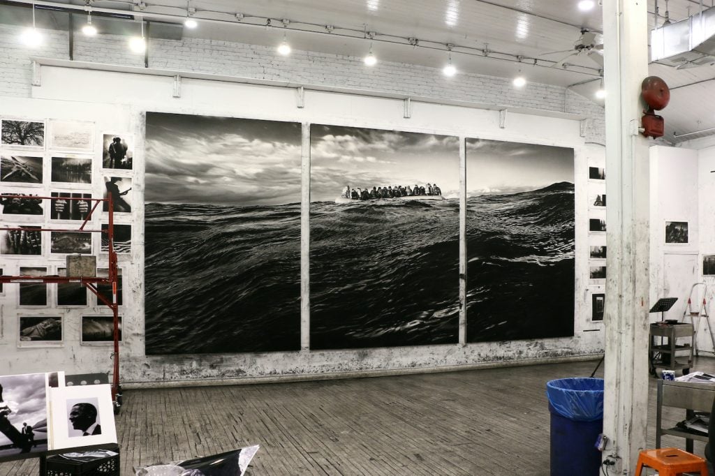 A view of Longo's studio, with <i>Untitled (Raft at Sea)</i> (2017) on view. Courtesy of the artist and Metro Pictures, New York.
