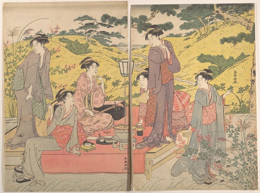 Katsukawa Shunchō, A Picnic Party at Hagidera. Collection of the Metropolitan Museum of Art.