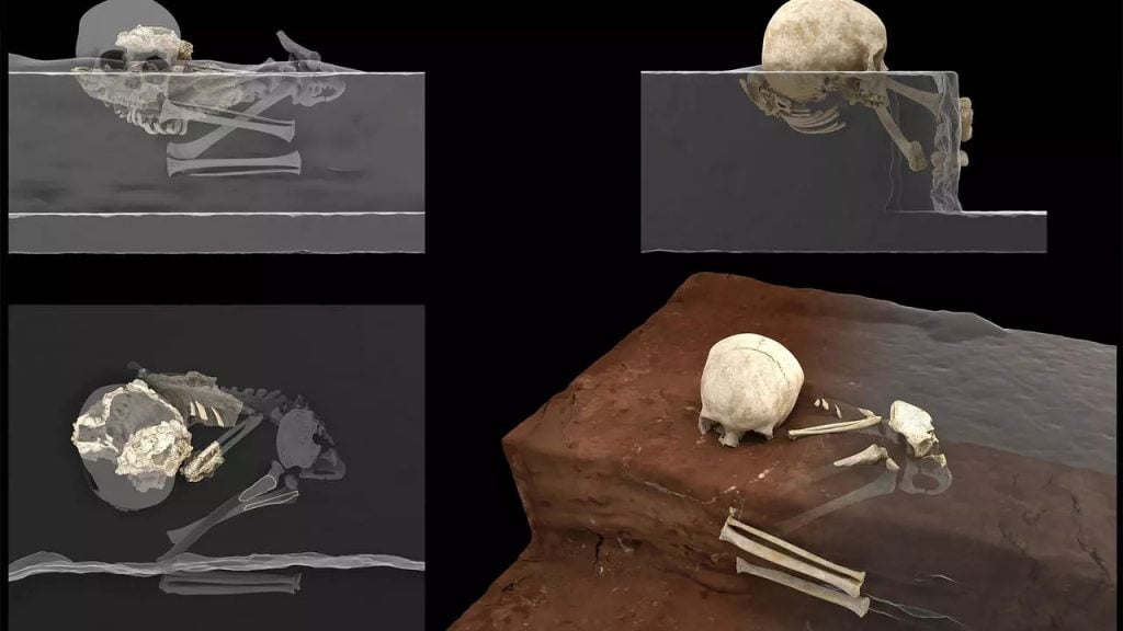 Renderings of the burial of Mtoto, the oldest-known grave in Africa, as the child was discovered in Panga ya Saidi cave. Image by Jorge González, University of South Florida, and Elena Santos, University Complutense of Madrid.