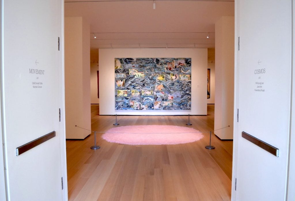 Installation view of "New Grit" at the Philadelphia Museum of Art, featuring [foreground] Mi-Kyoung Lee, <em>Thread Drawing 2015-5</em> (2015) and Jane Irish, <em>Cosmos a priori</em> (2015). Photo by Ben Davis.