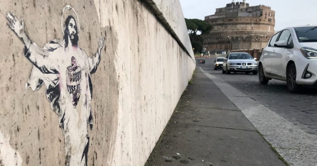 The Vatican turned his Alessia Babrow street art piece, seen here near the Vatican, into a 2020 Easter stamp without her consent. Photo by Alessia Babrow.