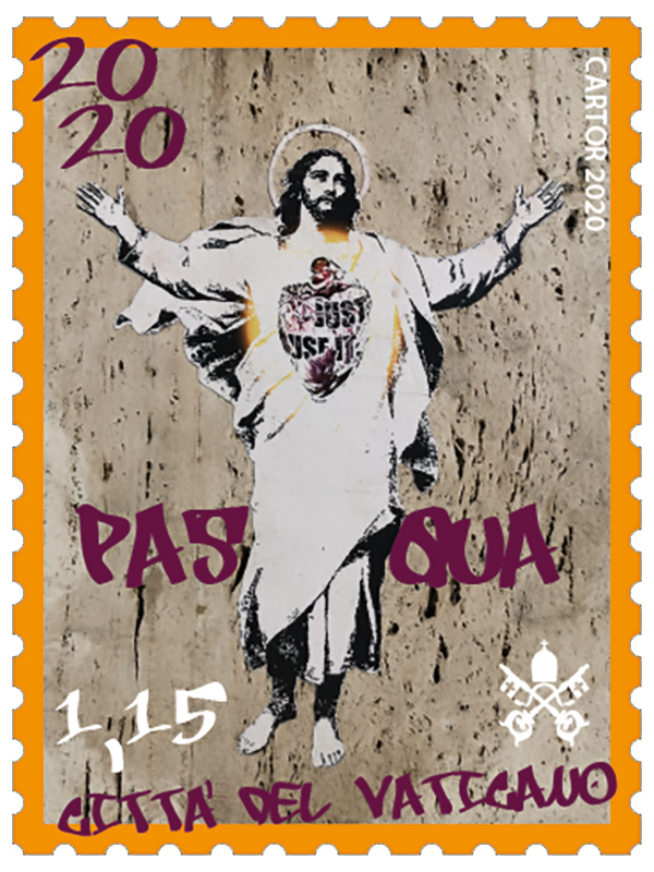 The Philatelic and Numismatic Office of the Vatican City State didn't ask permission to use Alessia Babrow's street art based on a 19th century Heinrich Hoffmann painting for a 2020 Easter stamp. Image courtesy of the Philatelic and Numismatic Office of the Vatican City State.