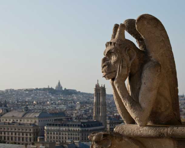 The restoration of this grotesque, Stryge, has been fully funded. Different than the functional gargoyles, which drain rainwater, grotesques are purely decorative. Architect Eugène Viollet-le-Duc designed the stone statues for the upper gallery between Notre-Dame's two towers in the 19th century. Photo courtesy of Friends of Notre Dame.