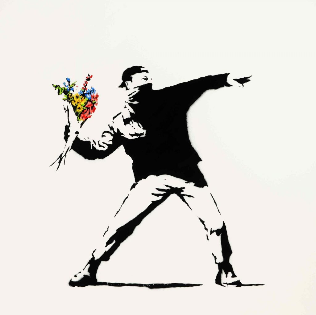 Banksy, Love is in the Air (2005). Image courtesy of Sotheby's.