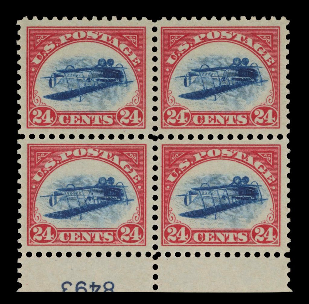 The "Inverted Jenny" plate block. Courtesy of Sotheby's. 