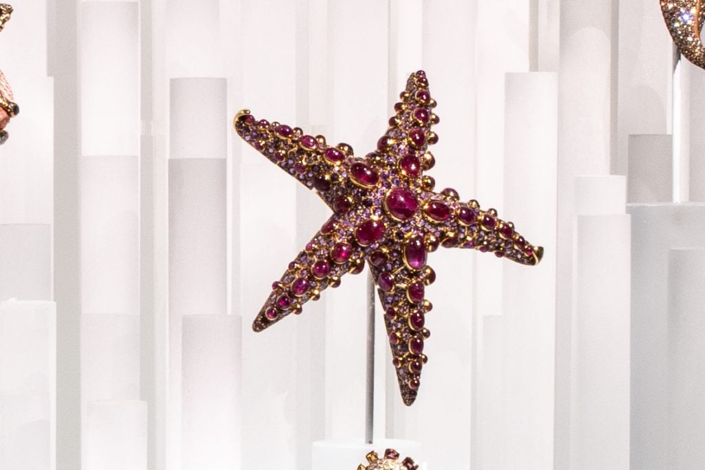 Pavé-set amethysts and 71 cabochon rubies cover the curved surface and articulated arms of this gold starfish brooch, which was designed by Juliette Moutard for René Boivin. Experts think only four examples of the starfish brooch were made during the 1930s. Photo by D. Finnin ©American Museum of Natural History.