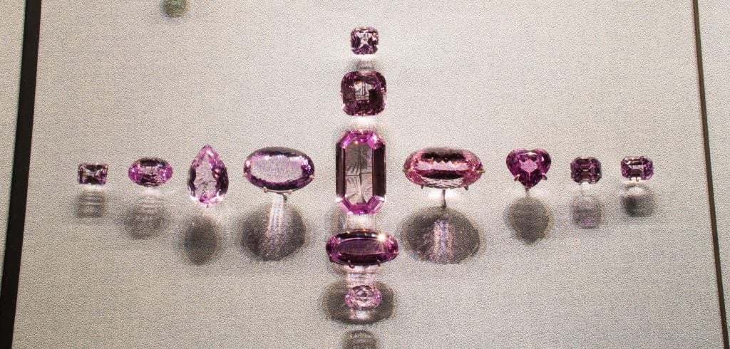 In 1902, transparent lilac-pink crystals arrived at the Tiffany & Company office of George Kunz, who helped establish the gem and mineral collections at the Museum. The sender believed they were tourmaline. Kunz, however, identified the crystals as a new variety of spodumene—the first that wasn’t yellow or green—and it was named kunzite in his honor. Photo by D. Finnin, ©American Museum of Natural History.