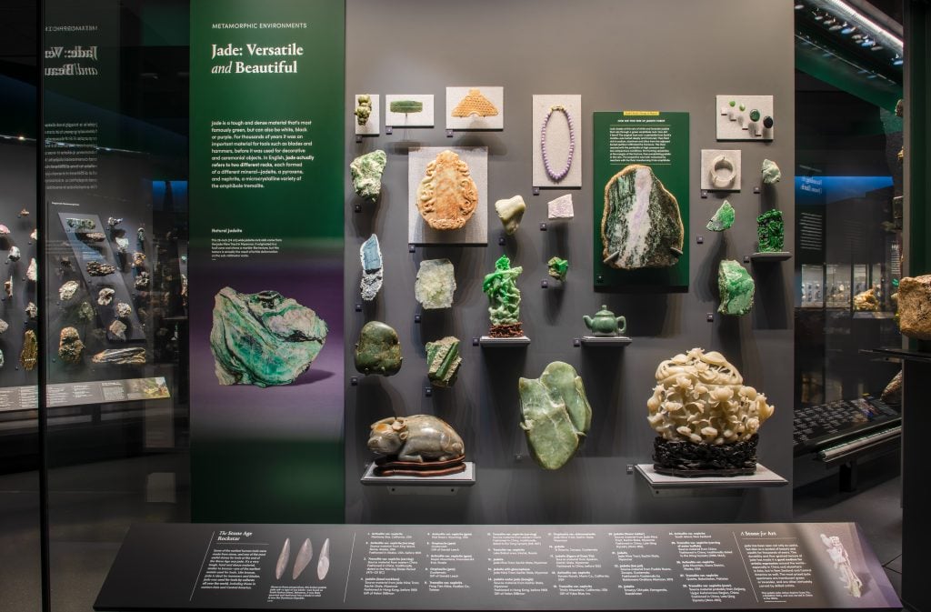 This case displays various specimens of jade, a tough and dense material that’s most famously green, but can also be white, black, or purple. Photo by D. Finnin, ©AMNH.
