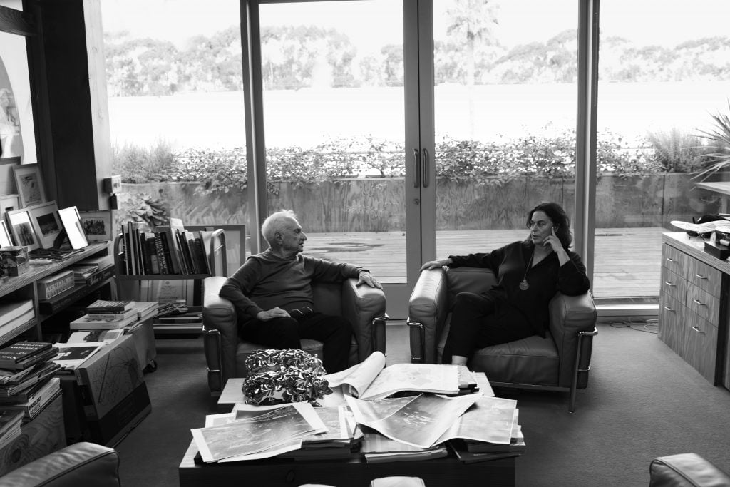Frank Gehry with Maja-Hoffmann. Photo ©Annie Leibovitz.