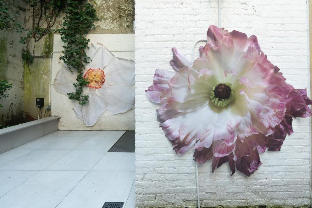 Benjamin Langford’s flowers are installed on the walls of the gallery's courtyard in "但聞人語響：Yet, Only Voice Echoed" at Fu Qiumeng Fine Art. Photo courtesy of Fu Qiumeng Fine Art. 