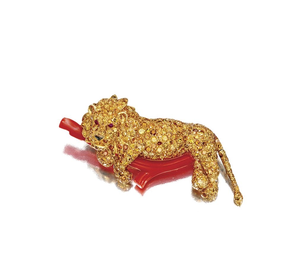 This Van Cleef & Arpels lion brooch is from the collection of philanthropist Brooke Astor, whose patronage of the New York Public Library has led to speculation that the piece might have been a nod to the marble lion statues that flank the main branch’s entrance on Fifth Avenue. Photo ©Sotheby’s.