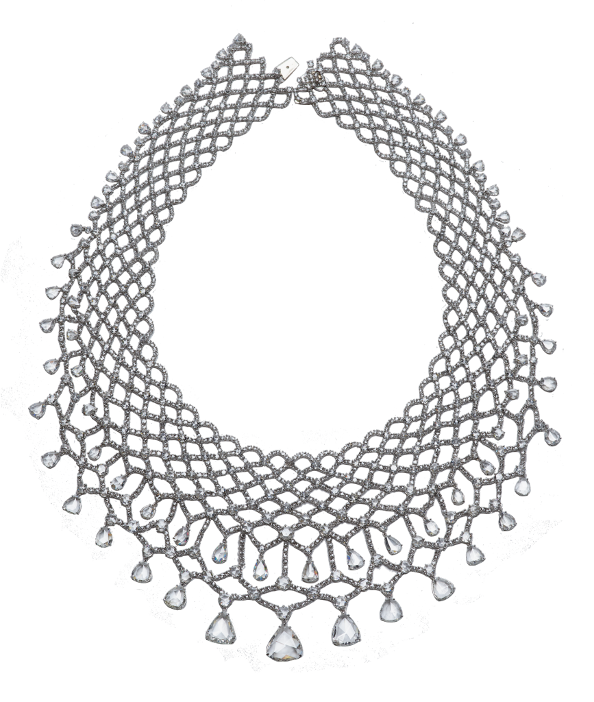 The Organdie Diamond Necklace, a lattice-work girandole bib necklace set with 2,190 round and pear-shape diamonds set in platinum, designed by Michele Ong for Carnet. Rihanna wore this necklace on the cover of Essence magazine in February 2021. Photo by D. Finnin, ©American Museum of Natural History.