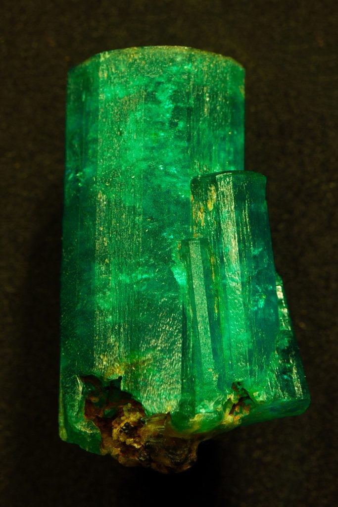The 632-carat Patricia Emerald is a dihexagonal, or 12-sided, crystal and is considered one of the great emeralds in the world. Found in Colombia in 1920, it was named after the mine owner’s daughter. This specimen is one of the very few large emeralds that have been preserved uncut. Photo by D. Finnin, ©American Museum of Natural History.