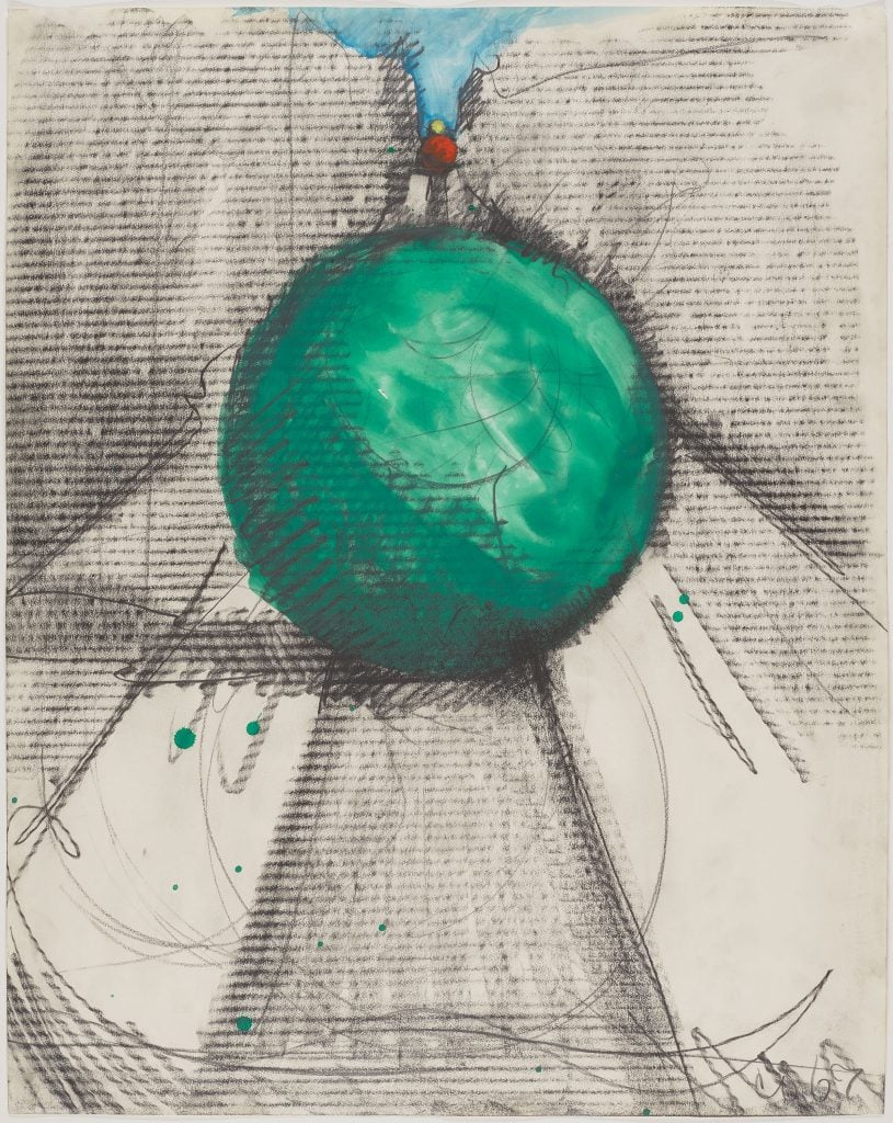 Claes Oldenburg, <i>Proposed Colossal Monument for Park Avenue, New York - Bowling Balls</i> (1967). Courtesy of the Menil Drawing Institute.