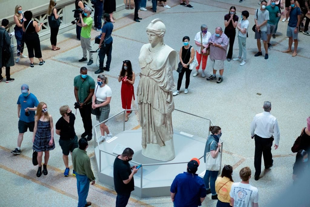 Visitors line up as the Metropolitan Museum of Art in New York reopens to the public on August 29, 2020. Photo: Kena Betancur / AFP via Getty Images.
