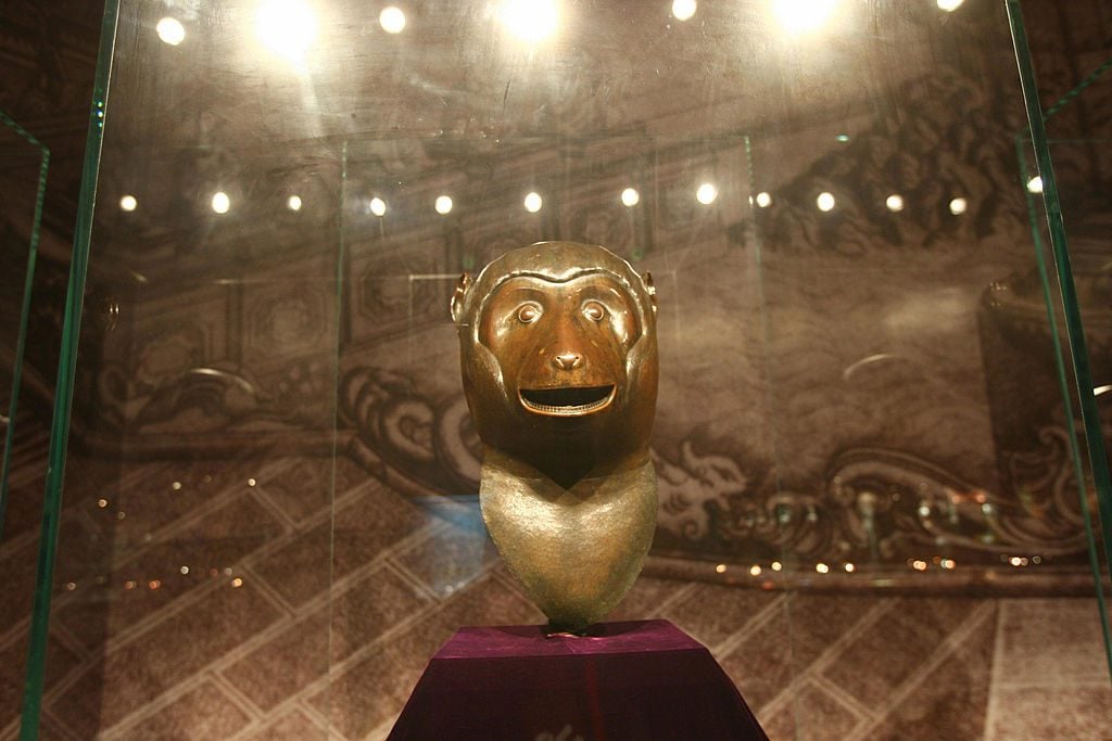 One of the four 18th century Qing dynasty bronze fountainheads, the Monkey, owned by China's Poly Group are on display at a Beijing museum, in Beijing. Photo credit should read STR/AFP via Getty Images.