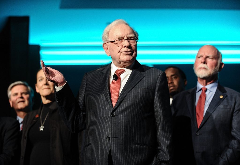 Billionaire philanthropist Warren Buffett joined onstage by 24 other philanthropists and influential businesspeople featured on the Forbes list of 100 Greatest Business Minds during the Forbes Media Centennial Celebration in 2017. (Photo by Daniel Zuchnik/WireImage)