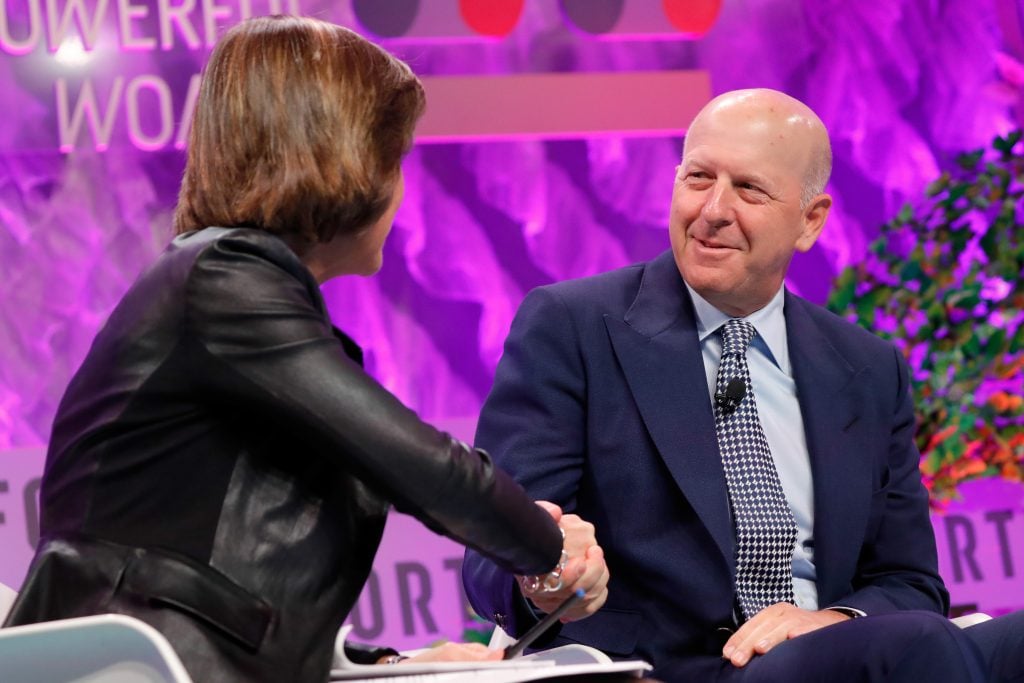 Current Goldman Sachs chairman and CEO David Solomon onstage at the Fortune Most Powerful Women Summit with the event's executive director, Pattie Sellers, on October 10, 2017 in Washington, D.C. (Photo by Paul Morigi/Getty Images for Fortune)
