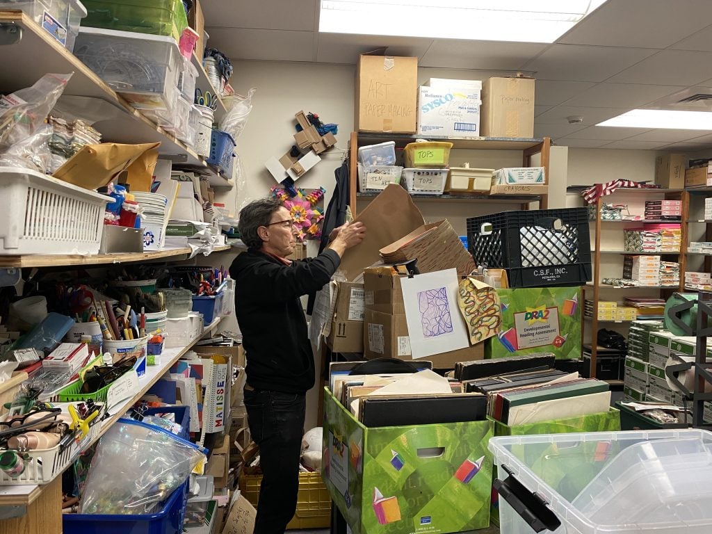 Ellen Oppenheimer in the art supply closet at Peralta Elementary. Photo by Sarah Cascone. 