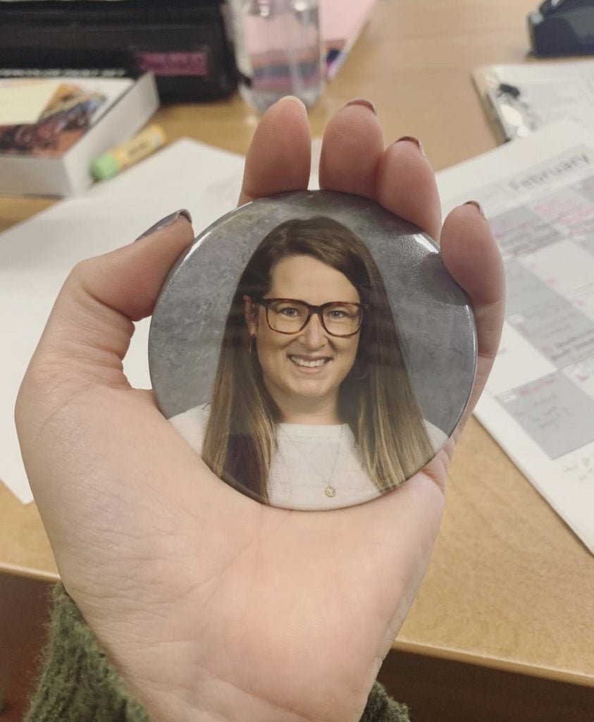 Grace Fletcher-Lantz wore this pin in class this past school year, the only way students could see her face. Photo courtesy of Grace Fletcher-Lantz.