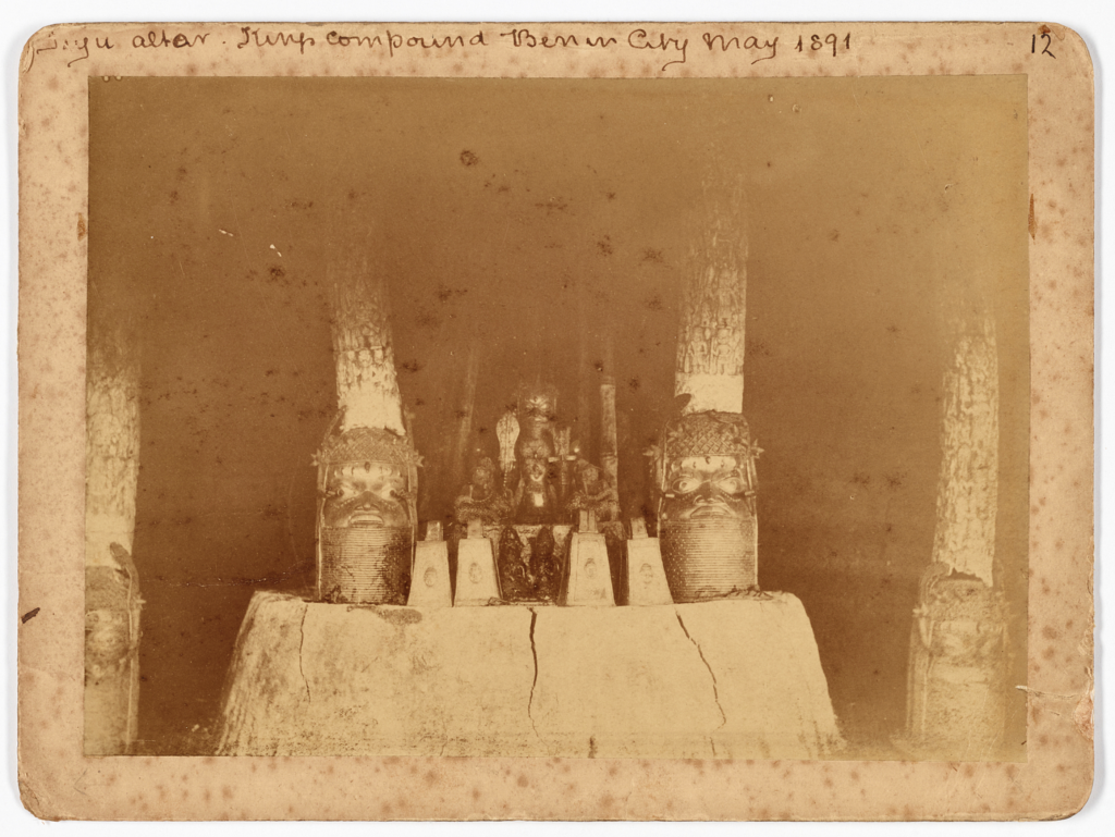 Photograph of an ancestral shrine at the Royal Palace, Benin City taken during the visit of Cyril Punch in 1891. Eliot Elisofon Photographic Archives, National Museum of African Art, Smithsonian Institution. EEPA.1993-014.