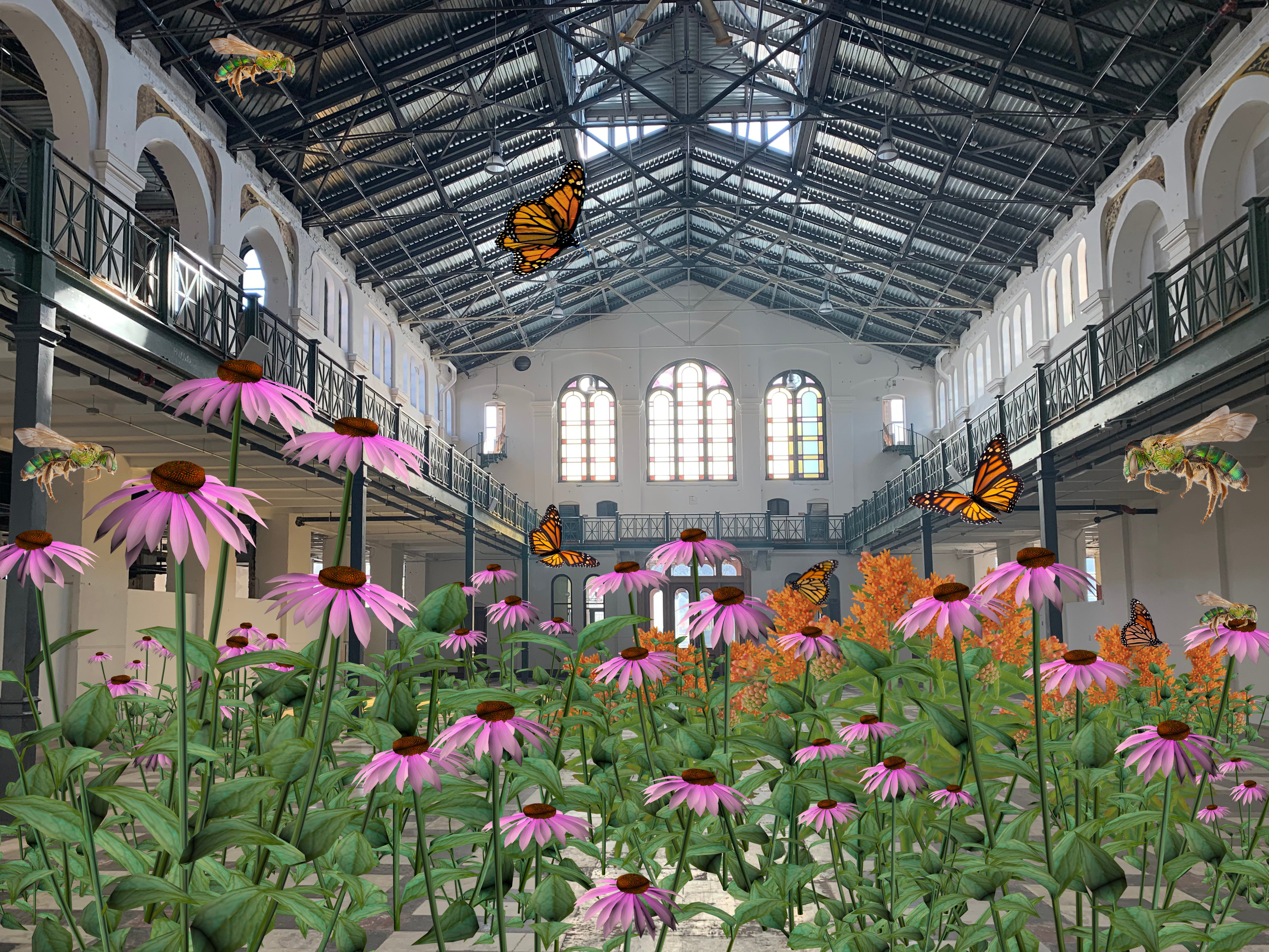 Tamiko Thiel and /p, ReWildAR, AR installation visualization in the Smithsonian Arts and Industries Building. Image courtesy of the artists.