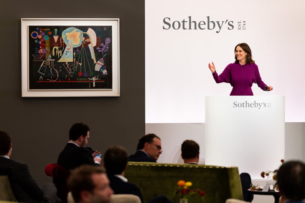 Helena Newman, worldwide head of Sotheby’s Impressionist and modern art department, taking the Modern and Contemporary art evening Sale, June 29 2021. Image courtesy Sotheby's.