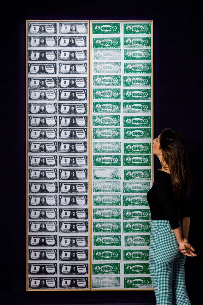 Andy Warhol’s Front and Back Dollar Bills (1962-63) Photo by Tristan Fewings/Getty Images for Sotheby's