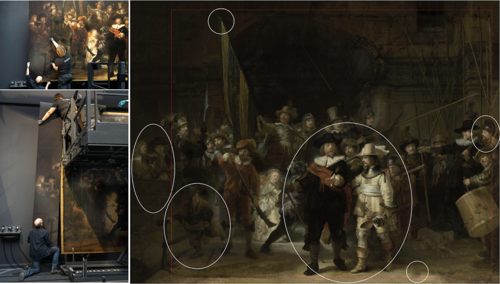 Rembrandt's <i>The Night Watch<i> with key differences circled. Courtesy of the Rijksmuseum.