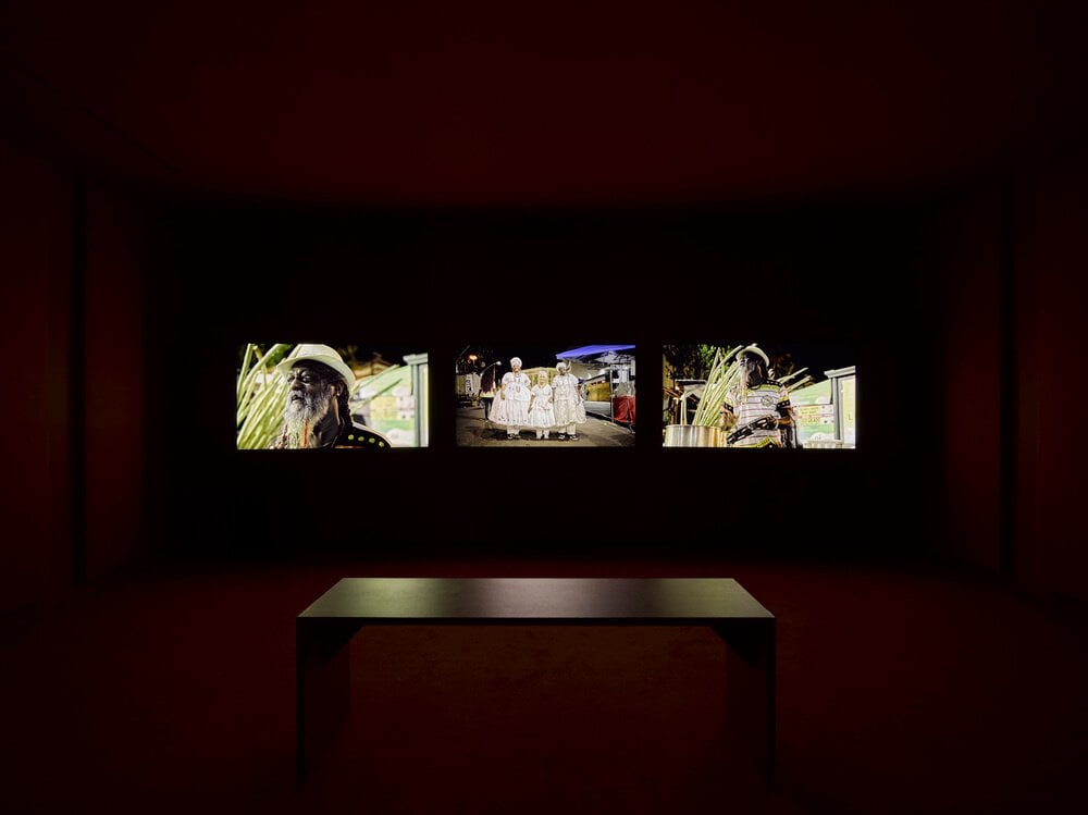 Installation view of “John Akomfrah: The Unintended Beauty of Disaster Triptych” (2020). Courtesy of Lisson Gallery.