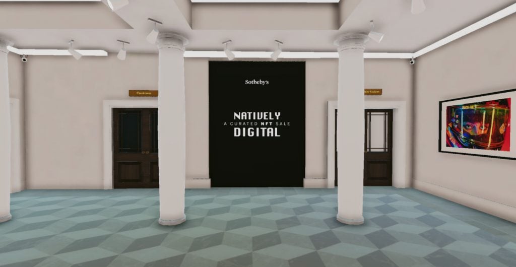 Installation view of Sotheby's curated NFT auction "Natively Digital" in Decentraland. 