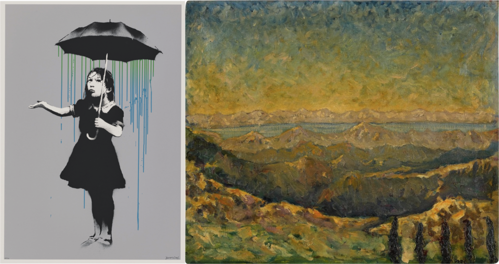 Left, Banksy, Nola AP (Green to Blue Rain) (2008). Courtesy Christie's Images Ltd.; or Right, Winston Churchill, View in the Italian Alps (ca. 1934). Courtesy of Sotheby's.