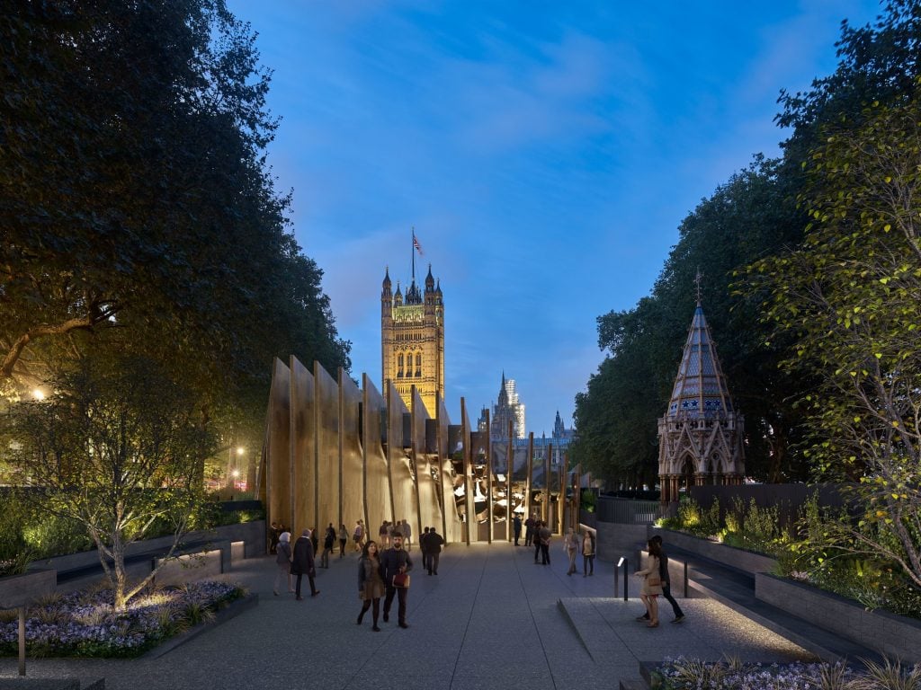 A rendering of Adjaye Associates design for the Holocaust Memorial and Learning Centre in Victoria Tower Gardens.