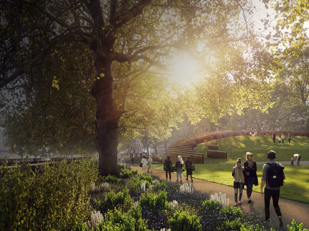 A rendering of Adjaye Associates design for the Holocaust Memorial and Learning Centre in Victoria Tower Gardens.
