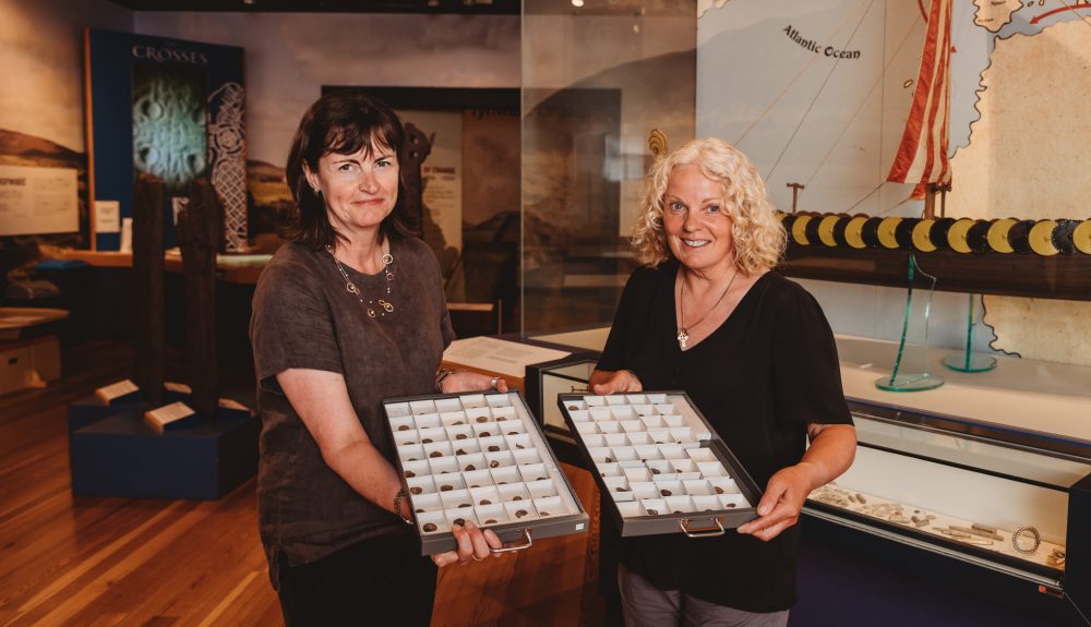 Allison Fox, Manx National Heritage curator of archaeology, and Kath Giles, who discovered the hoard. Photo courtesy of Manx National Heritage.