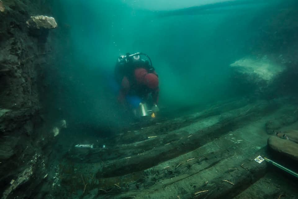 Remains of an ancient military vessel discovered in the Mediterranean sunken city of Thonis-Heracleion off the coast of Egypt. Photo by the Egyptian Ministry of Antiquities.
